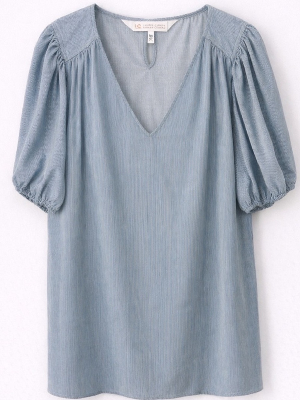 LC Lauren Conrad 2X Blue Stripe Puff Sleeve V Neck Blouse Lightweight